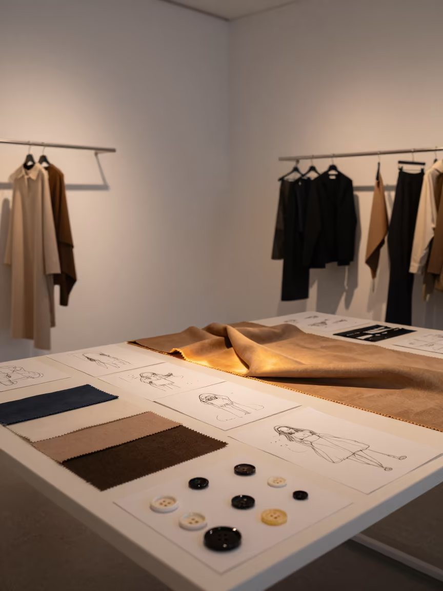 Fashion Atelier Mood Board in Evening Light in inside a minimalist showroom near Bergen