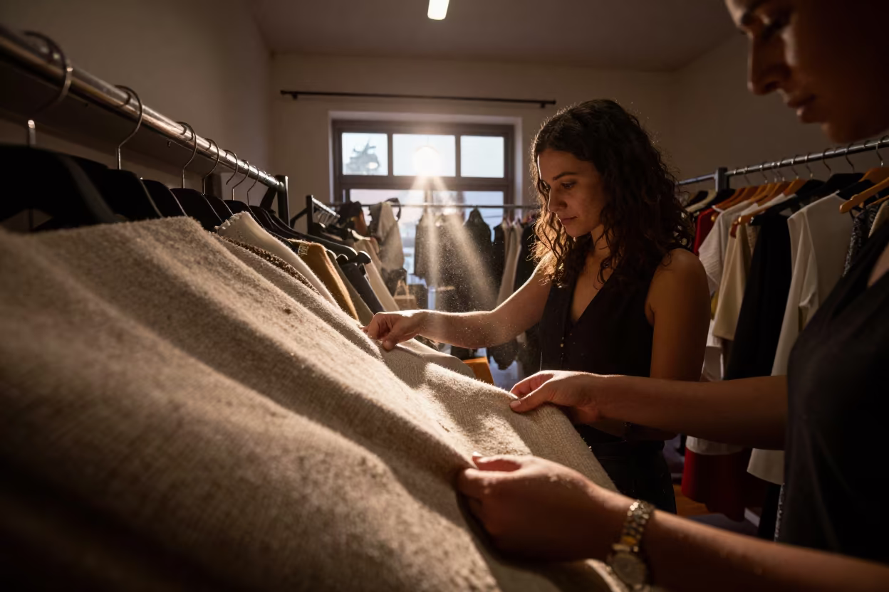 Fashion Buyer Examining Textures in Predawn Atelier in inside a couture atelier near Pietermaritzburg