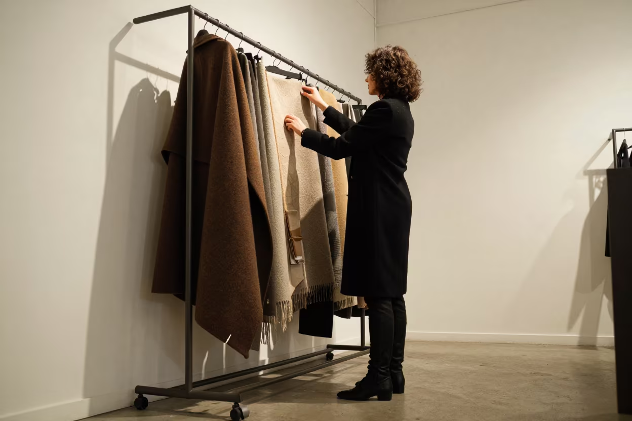 Fashion Buyer Touching Textures in Maseru Showroom in inside a minimalist showroom in Maseru