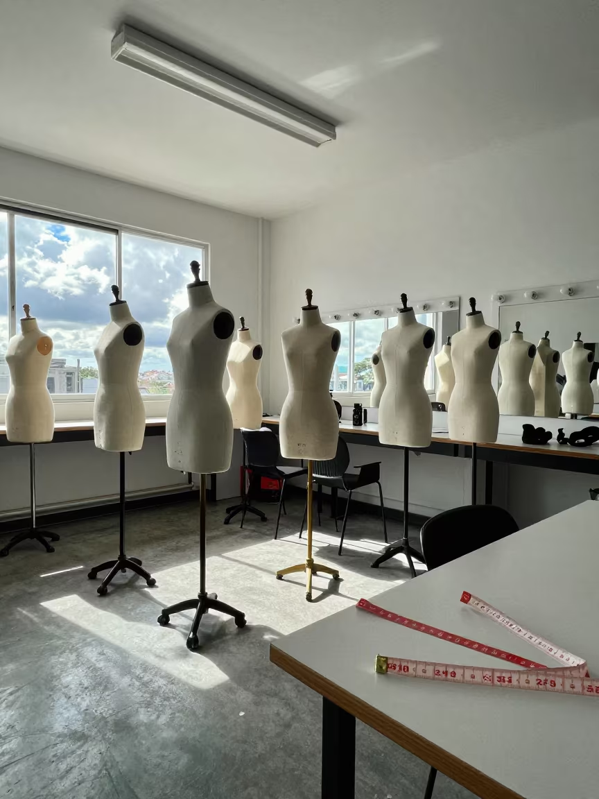 Fashion Classroom Dress Forms Under Noon Light Chiclayo in beside a mirror lined with makeup bulbs in Chiclayo