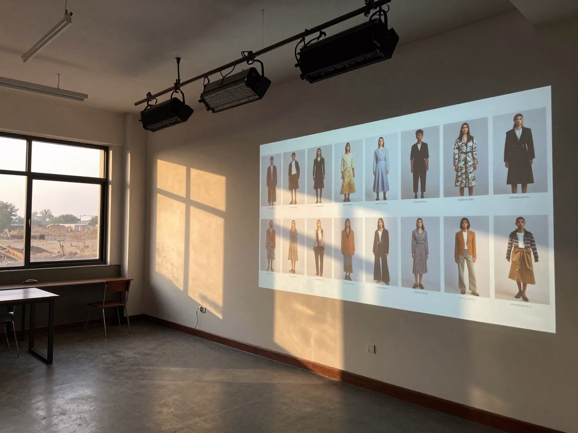 Fashion Classroom Lookbooks in Golden Hour Light in under runway rehearsal lights in Bhopal