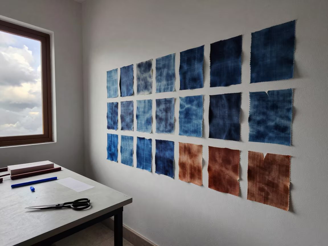 Fashion Classroom Wall Lookbook Tears Dye Tests in at a tailoring table strewn with chalk and shears near Mira-Bhayandar