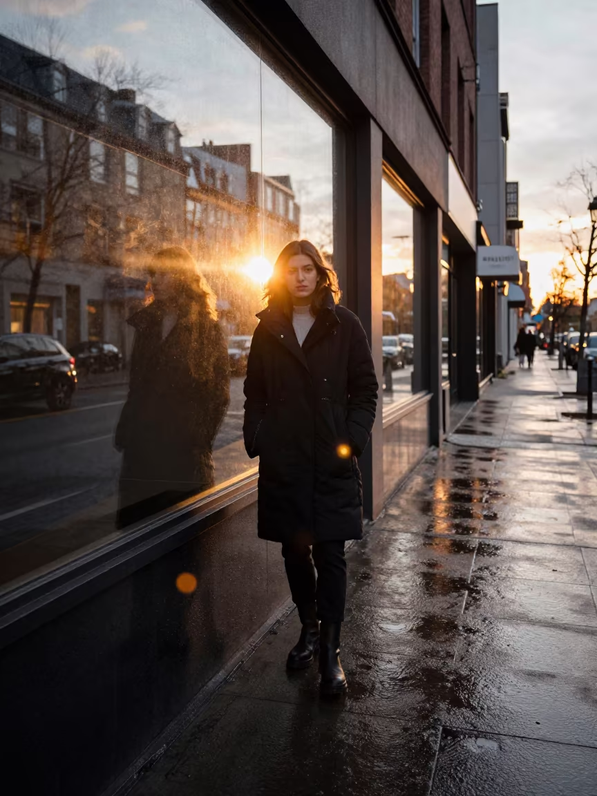 Fashion Critique on Charlotte Sidewalk Mirror Wall in on a rain-darkened city sidewalk near Charlotte