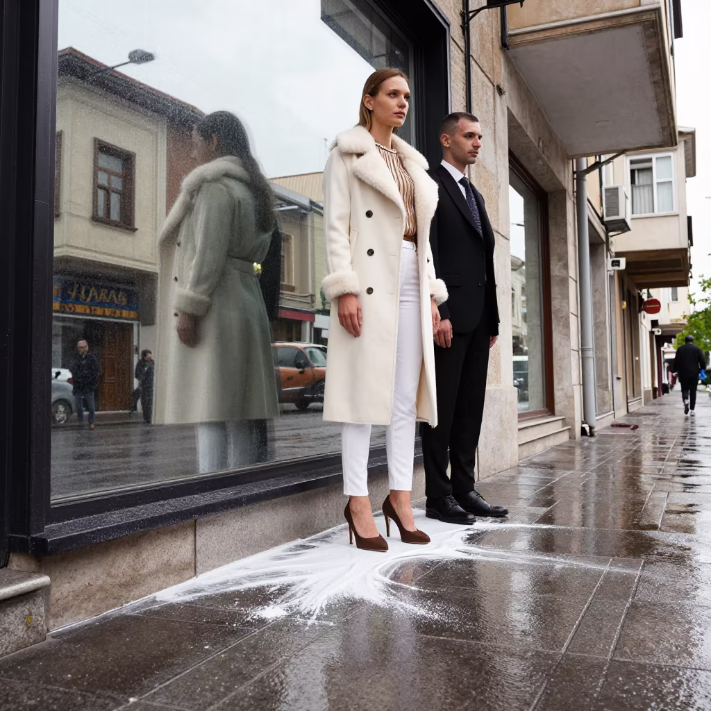 Fashion Critique Sidewalk Gaziantep Spring Rain in on a rain-darkened city sidewalk in Gaziantep