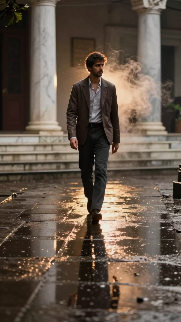 Fashion Editorial on Dehradun Sidewalk Golden Hour in on a rain-darkened city sidewalk in Dehradun