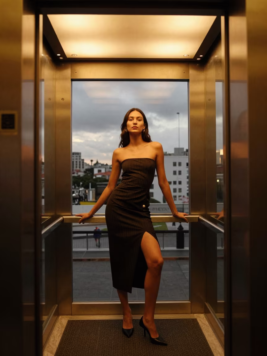Fashion Editorial in Glass Elevator at Port of Spain Twilight in in a backstage changing corridor in Port of Spain