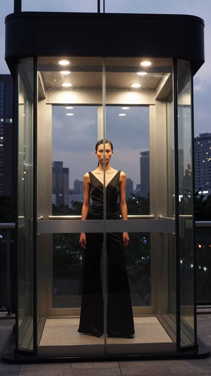 Fashion Editorial in Glass Elevator Shenzhen Dusk in under runway rehearsal lights in Shenzhen