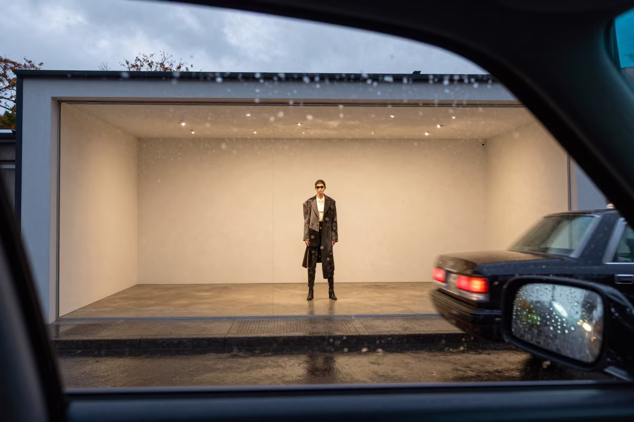 Fashion Editorial Rain Taxi Window Sendai Showroom in inside a minimalist showroom in Sendai
