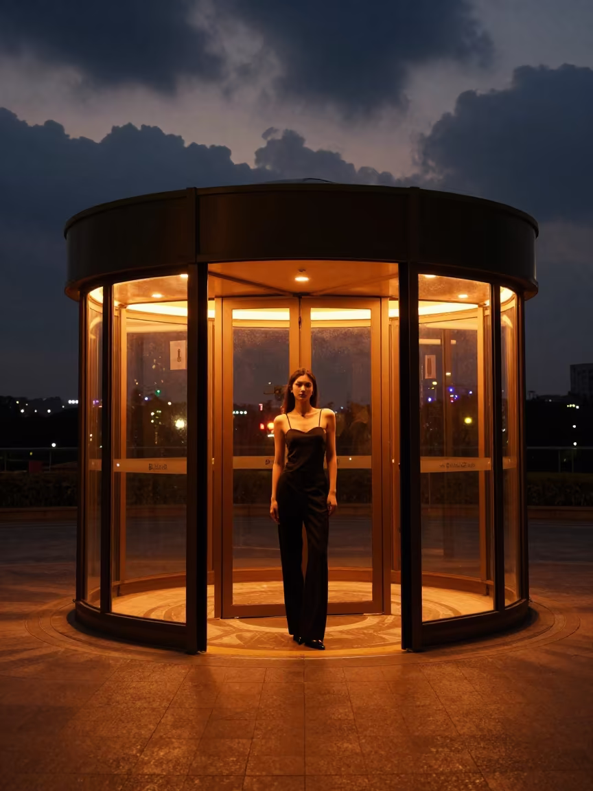 Fashion Editorial Revolving Door Night Plaza in across a reflective public plaza near Wuhan