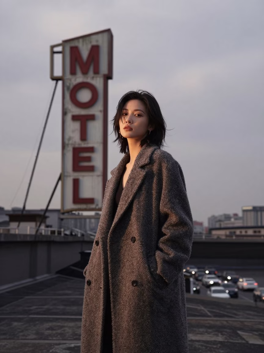 Fashion Editorial Sunrise Over Xian Rooftop Traffic in on a rooftop above evening traffic in Xian