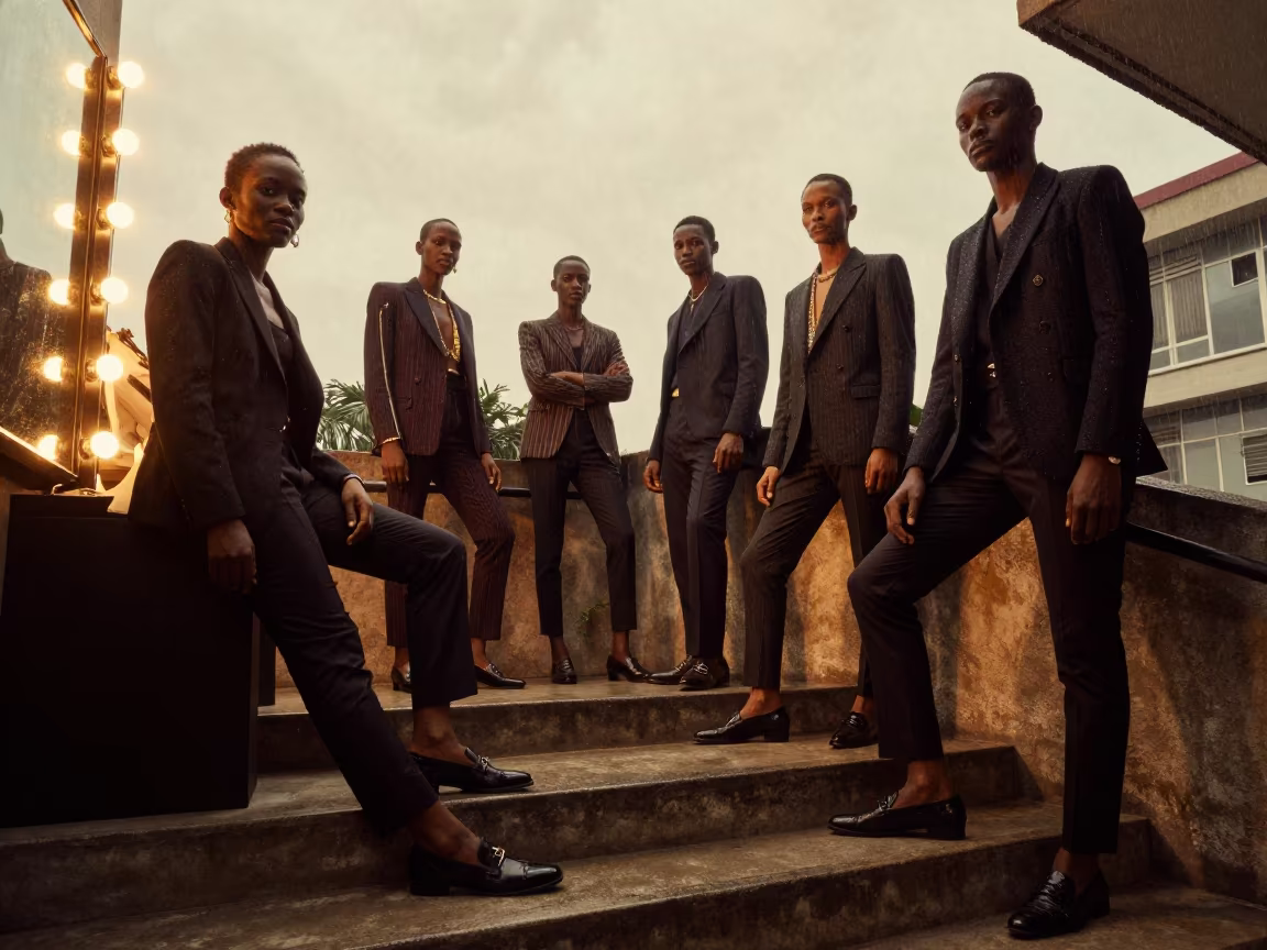 Fashion Editors Golden Hour Abidjan Stairwell in beside a mirror lined with makeup bulbs in Abidjan