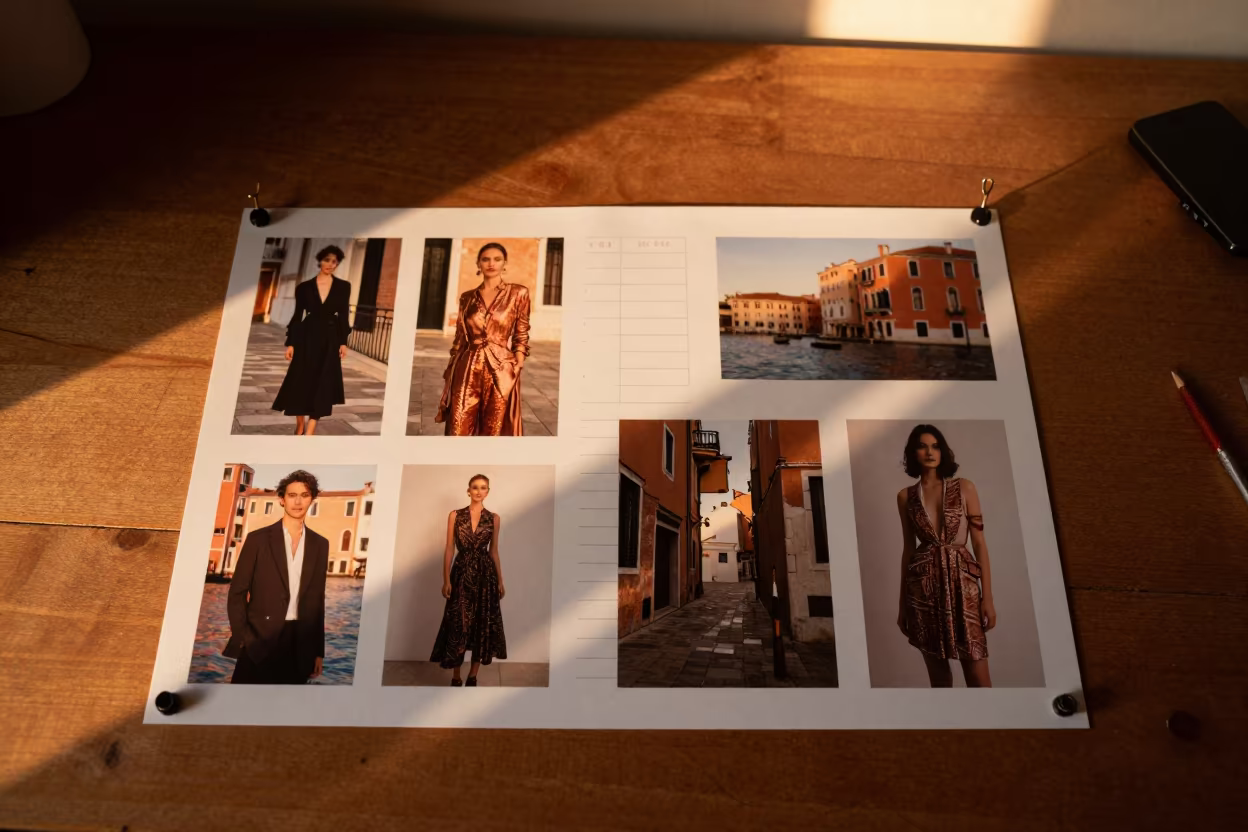 Fashion Lookbook Sheet Beside Cutting Schedule in under runway rehearsal lights near Venice