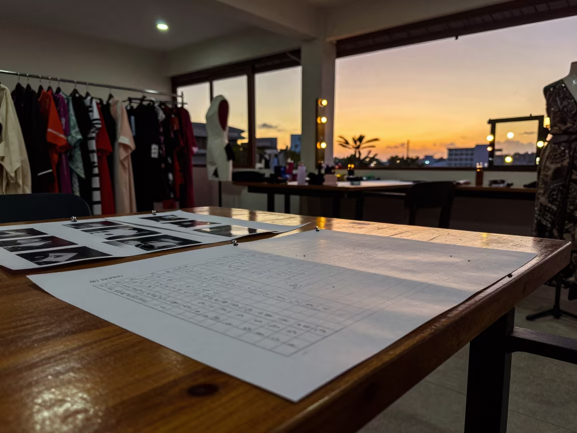 Fashion Lookbook Sheet Beside Cutting Schedule in beside a mirror lined with makeup bulbs in Zanzibar