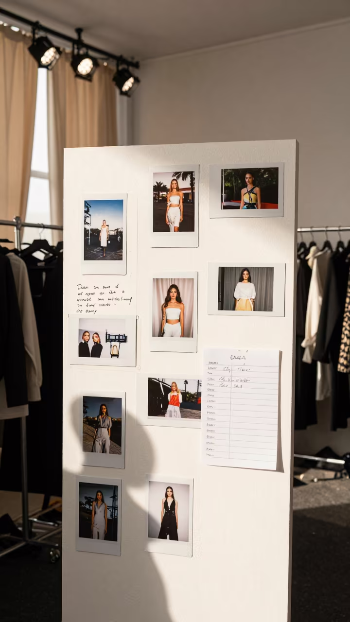 Fashion Lookbook Wall Taped with Instant Photos in under runway rehearsal lights in Marsa Matruh