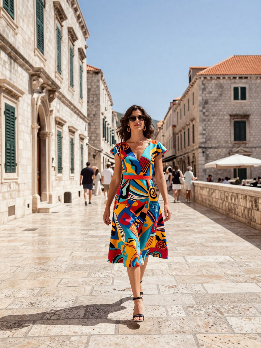 Fashion Model at Bright Midmorning Light in Dubrovnik in in Dubrovnik, Croatia
