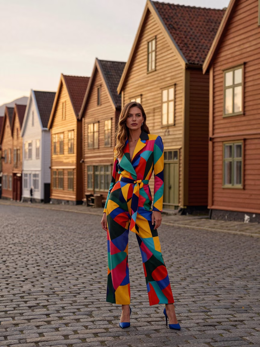 Fashion Model at Honeyed Evening Light in Bergen in in Bergen, Norway
