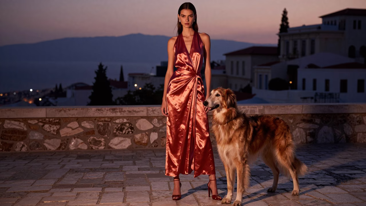 Fashion Model in Athens at Copper-toned Light Before Dusk in in Athens, Greece