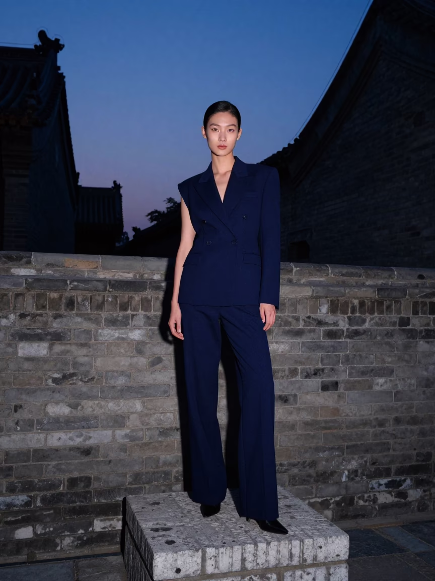 Fashion Model in Beijing at Indigo Twilight After Sunset in in Beijing, China