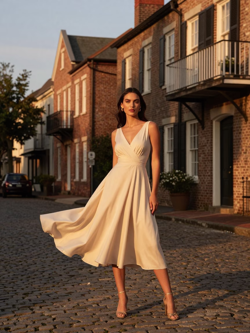Fashion Model in Charleston at Honeyed Evening Light in in Charleston, South Carolina, United States