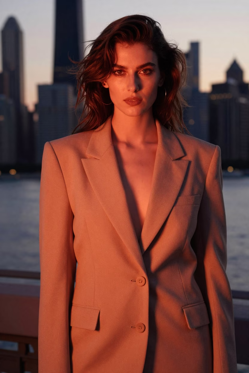 Fashion Model in Chicago at Copper-toned Light Before Dusk in in Chicago, Illinois, United States