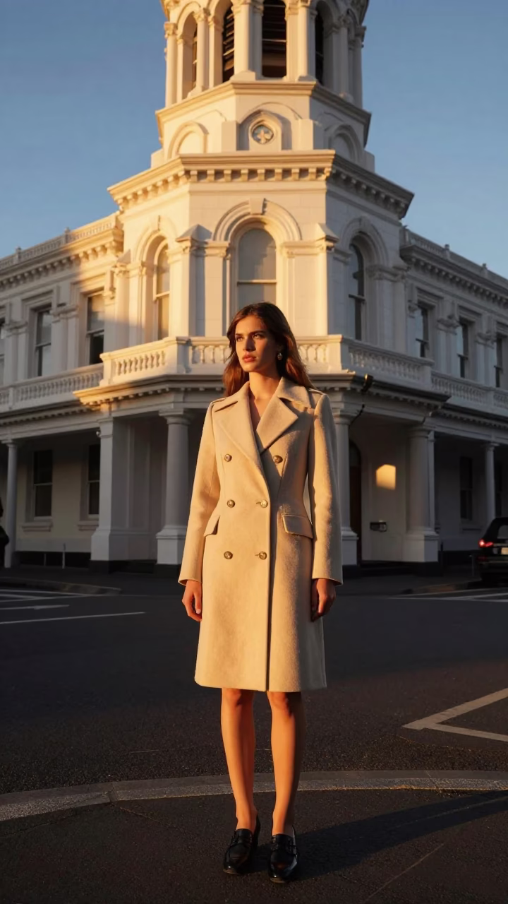 Fashion Model in Christchurch at Sunset Light in in Christchurch, New Zealand
