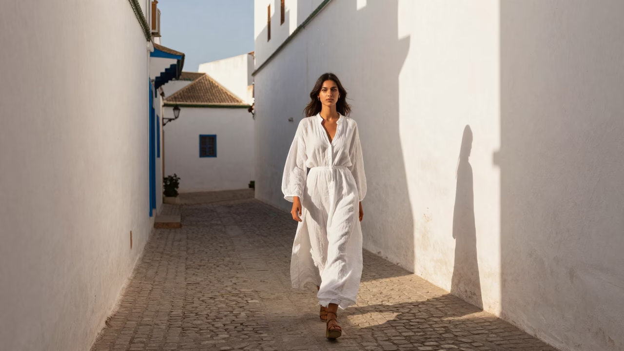 Fashion Model in Essaouira at The Early Afternoon Light in in Essaouira, Morocco