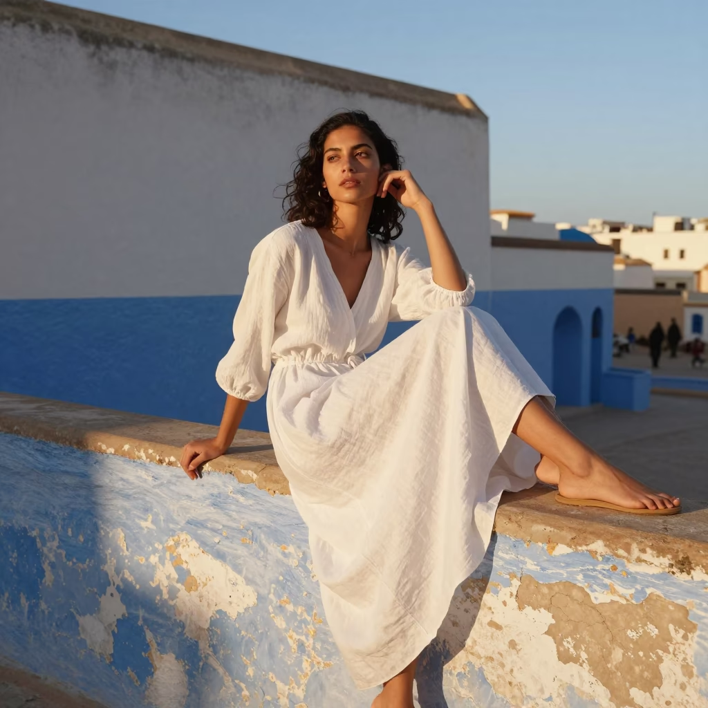Fashion Model in Essaouira at The Late Afternoon Light in in Essaouira, Morocco