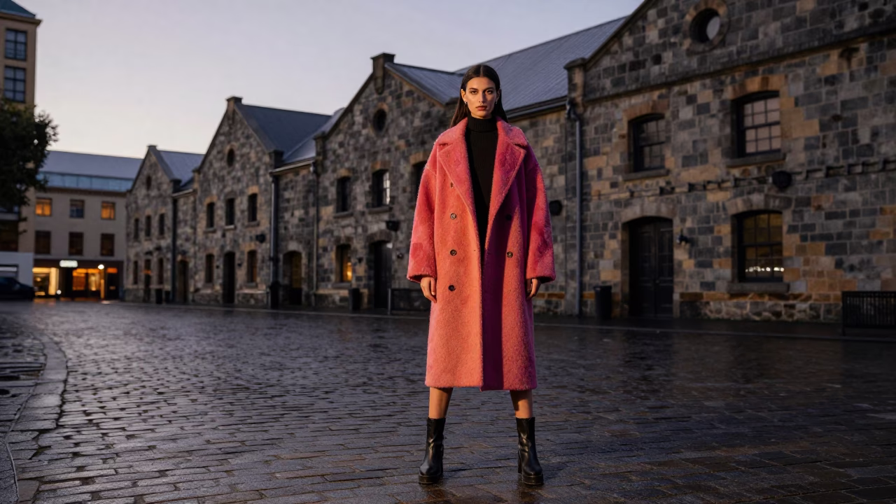 Fashion Model in Hobart at Copper-toned Light Before Dusk in in Hobart, Tasmania, Australia
