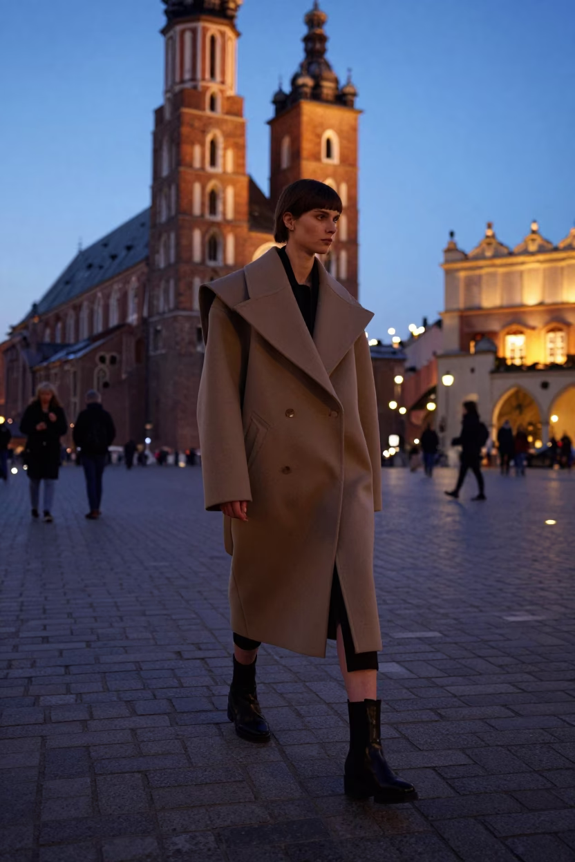 Fashion Model in Krakow at The Still Hours Before Dawn Light in in Krakow, Poland