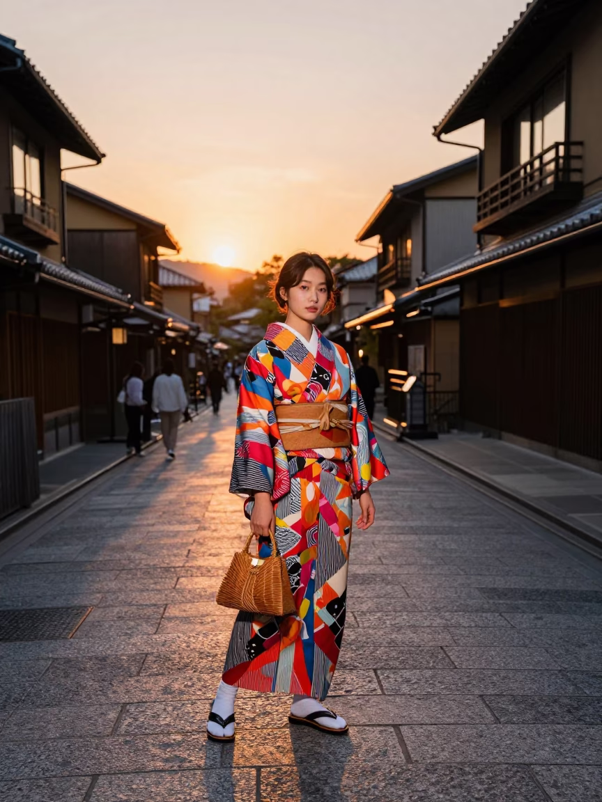 Fashion Model in Kyoto at As The Sun Drops Toward The Horizon in in Kyoto, Japan