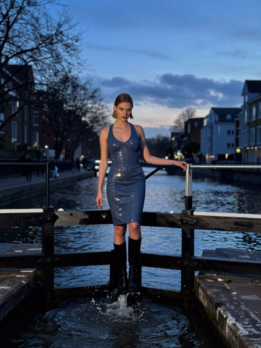Fashion Model in London at Indigo Twilight After Sunset in in London, United Kingdom