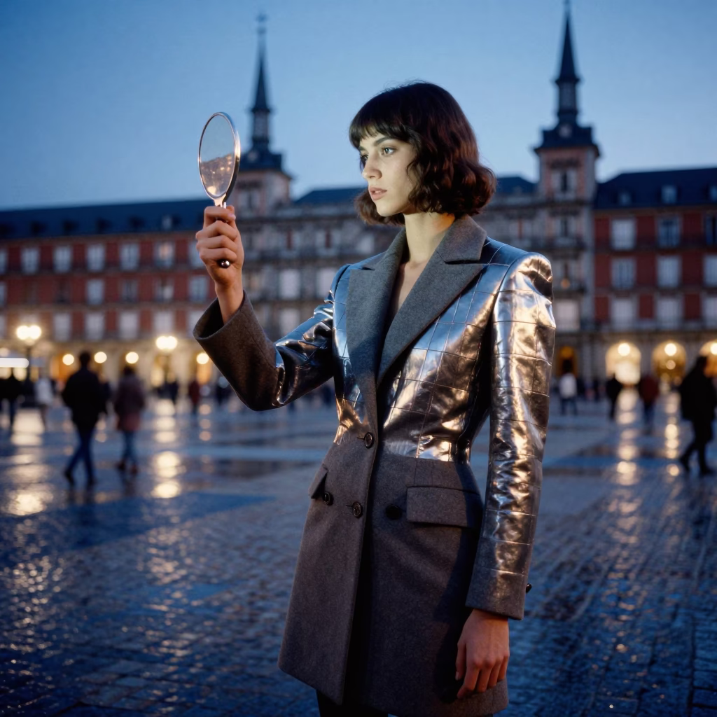 Fashion Model in Madrid at Blue Hour in in Madrid, Spain