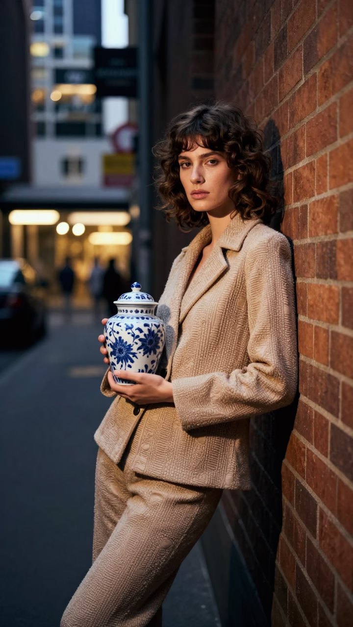 Fashion Model in Melbourne at As City Lights Begin To Glow in in Melbourne, Victoria, Australia