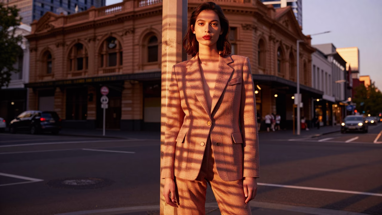 Fashion Model in Melbourne at Copper-toned Light Before Dusk in in Melbourne, Victoria, Australia
