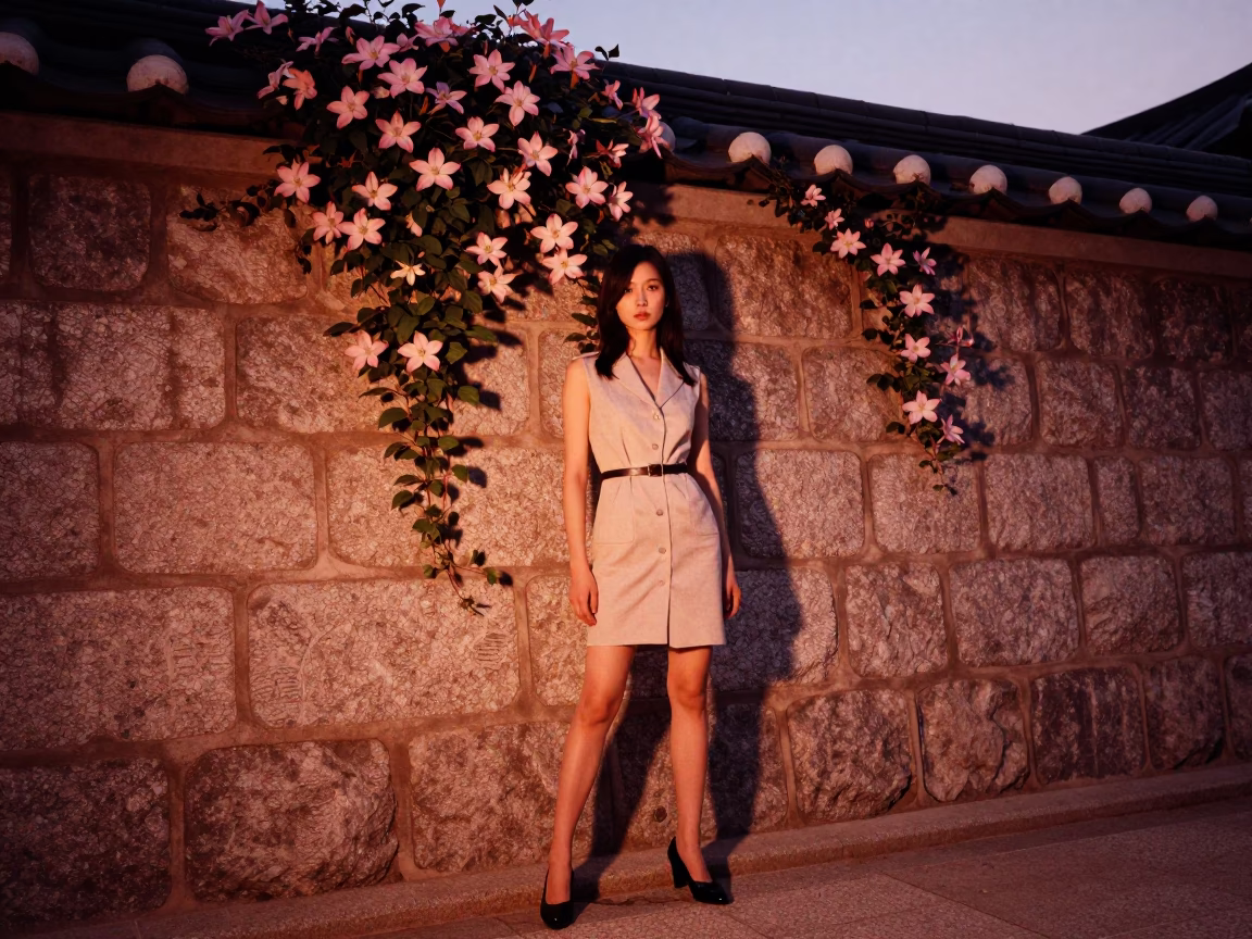 Fashion Model in Seoul at Copper-toned Light Before Dusk in in Seoul, South Korea