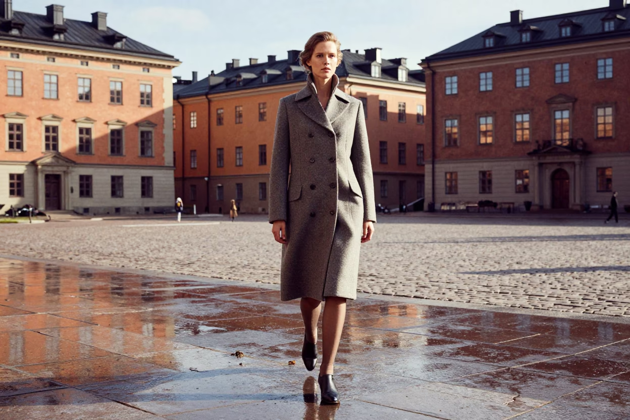 Fashion Model in Stockholm at Bright Midmorning Light in in Stockholm, Sweden