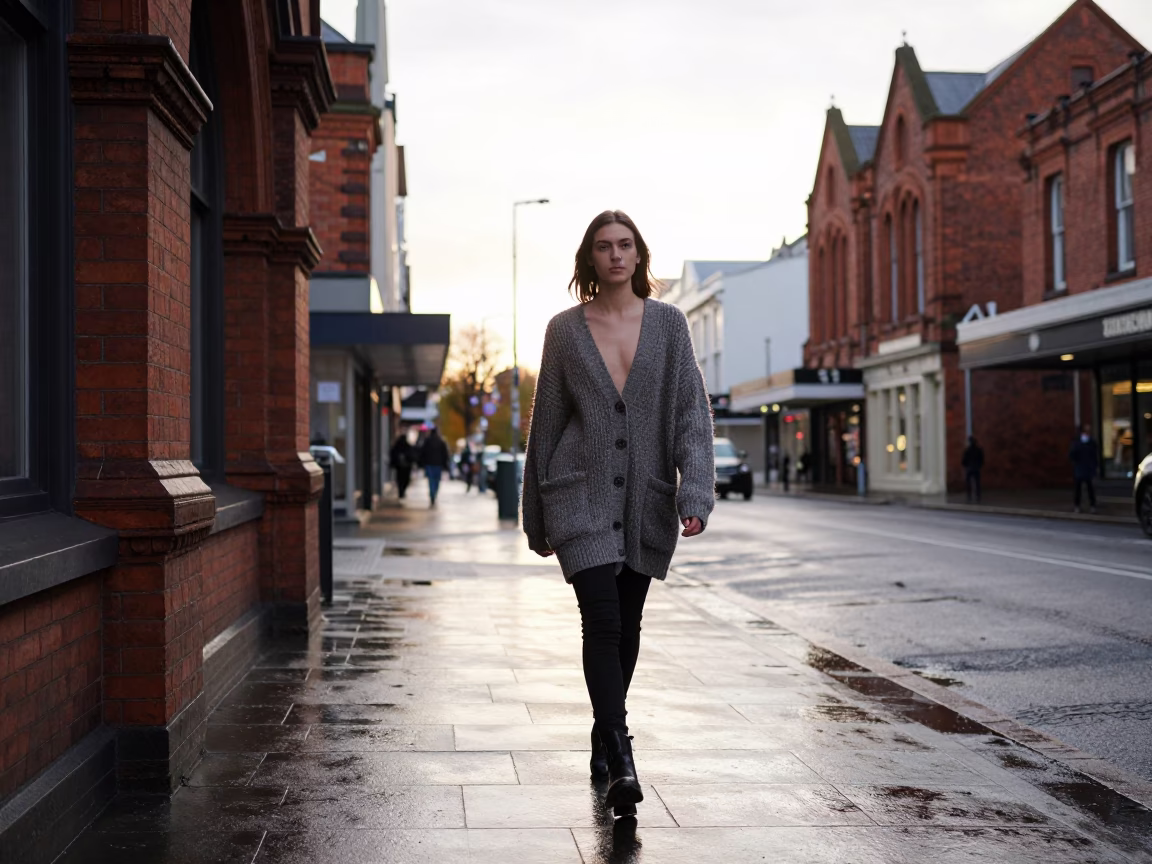 Fashion Model just after sunrise in Christchurch in in Christchurch, New Zealand