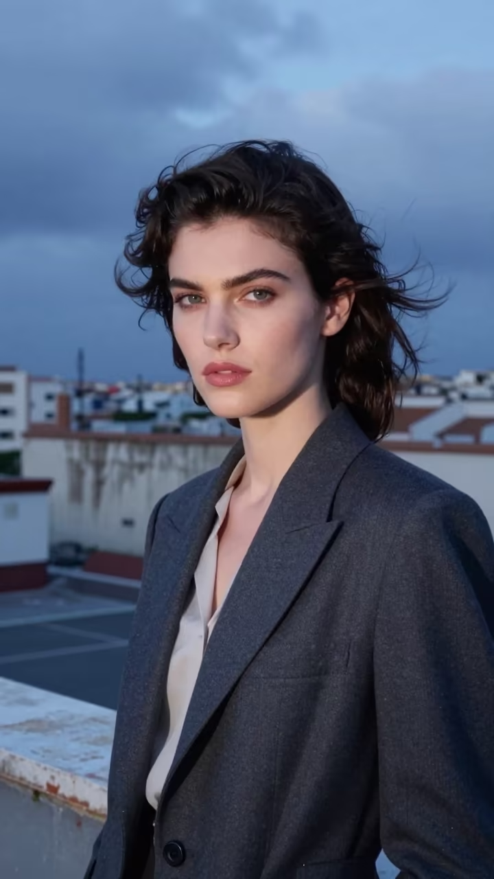 Fashion Model Seville Rooftop Twilight Portrait in against a wind-beaten harbor wall near Seville