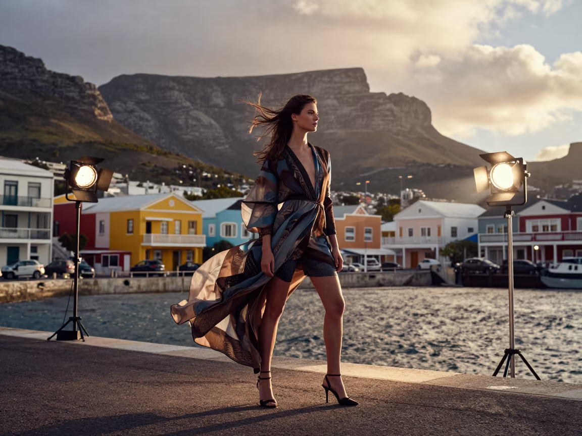 Fashion Model in Strong Wind by Cape Town Harbor in under runway rehearsal lights in Bo-Kaap, Cape Town