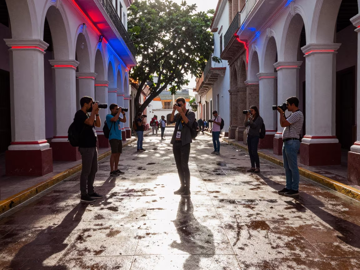 Fashion Photographer Pit Neon Arcade Merida in along a neon-lit arcade in Merida Venezuela