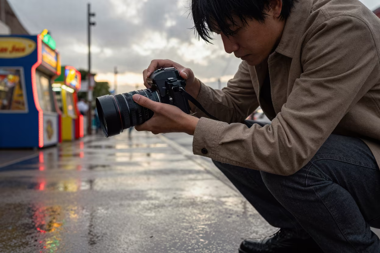 Fashion Photographer Pit Neon Dawn San Jose in along a neon-lit arcade in San Jose