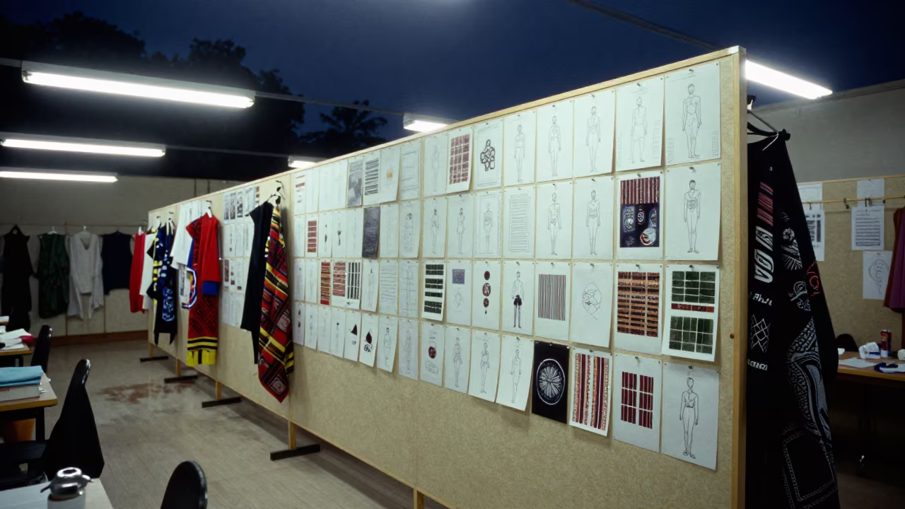 Fashion Pin Wall Croquis Swatches Night Corridor in in a backstage changing corridor in Ferkessédougou