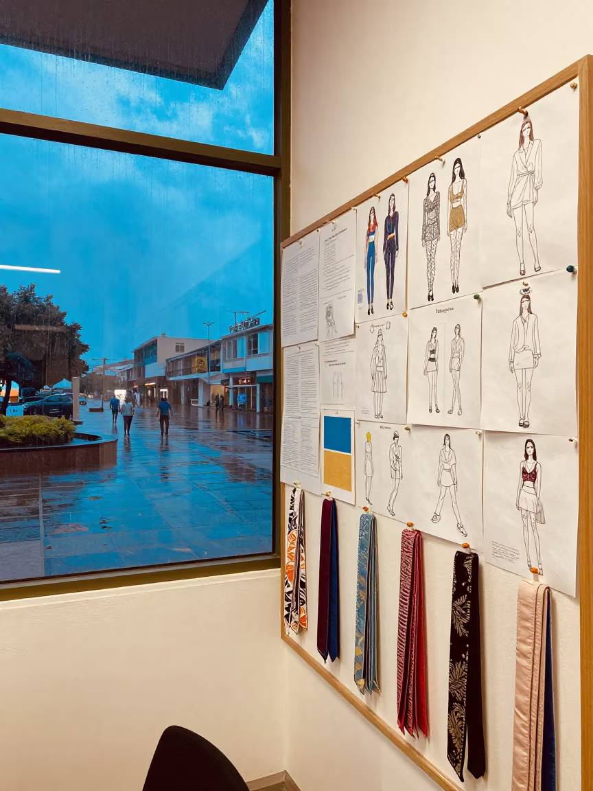 Fashion Pin Wall and Swatches Before Dawn in across a reflective public plaza near Piura