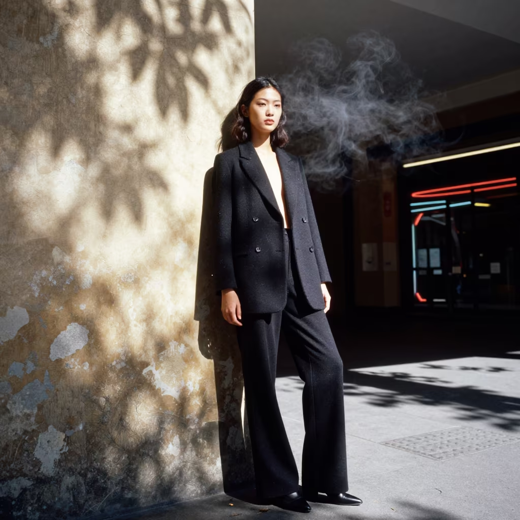 Fashion Portrait in Dappled Light Near Federation Square in along a neon-lit arcade near Federation Square, Melbourne