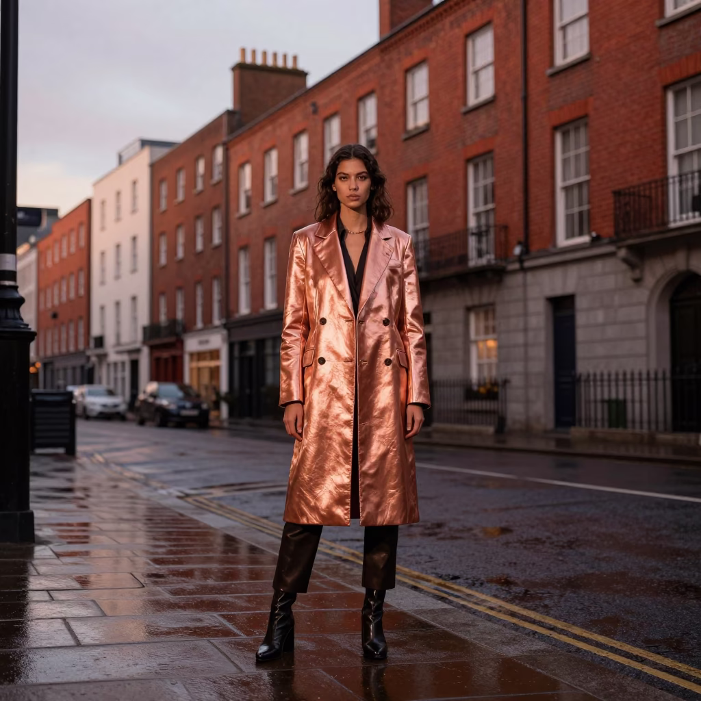 Fashion Portrait in Dublin at Copper-toned Light Before Dusk in in Dublin, Ireland
