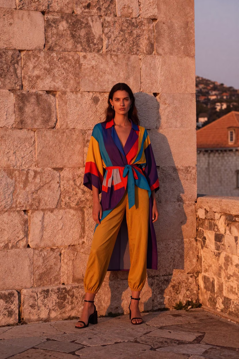 Fashion Portrait in Dubrovnik at Copper-toned Light Before Dusk in in Dubrovnik, Croatia