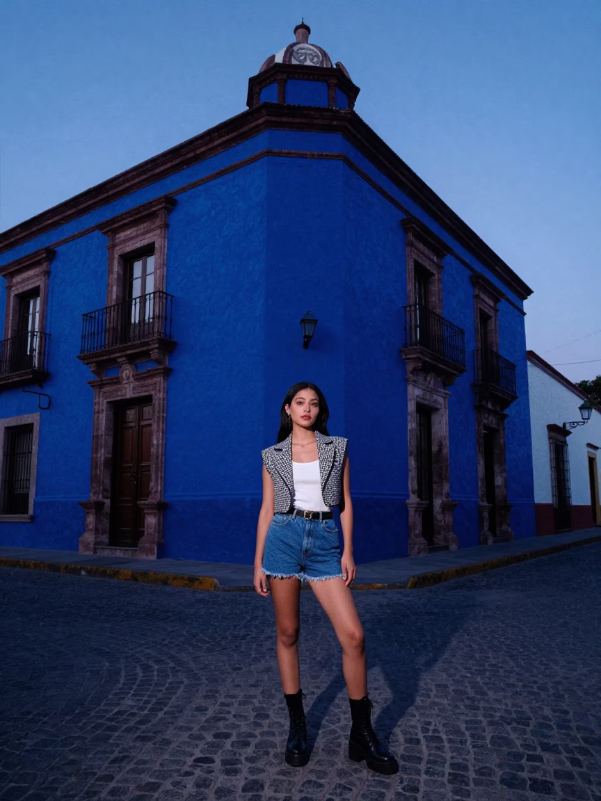 Fashion Portrait in Guadalajara at Indigo Twilight After Sunset in in Guadalajara, Mexico