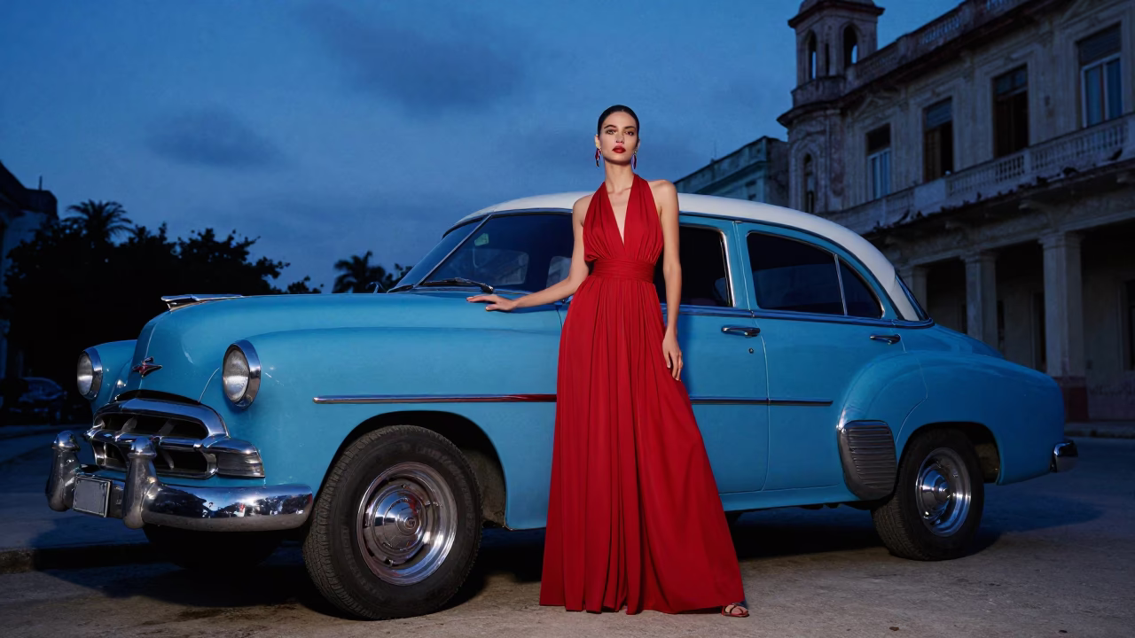 Fashion Portrait in Havana at Indigo Twilight After Sunset in in Havana, Cuba