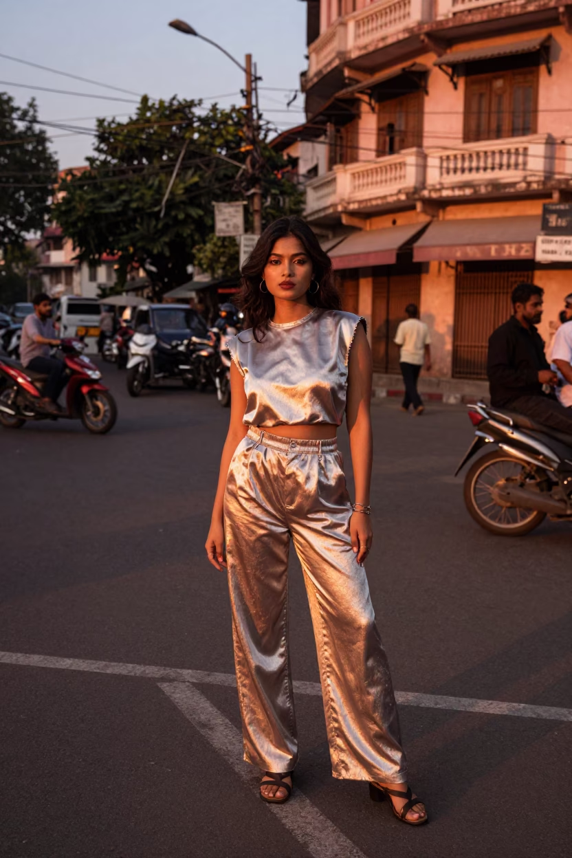 Fashion Portrait in Kolkata at Copper-toned Light Before Dusk in in Kolkata, India