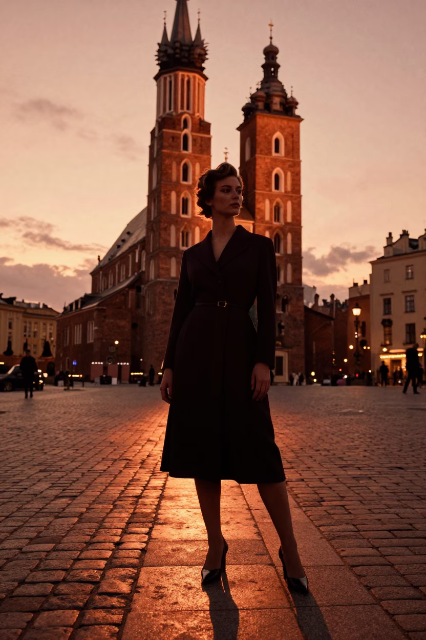 Fashion Portrait in Krakow at Copper-toned Light Before Dusk in in Krakow, Poland
